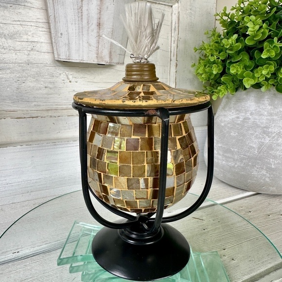 GOLD MOSAIC LANTERN, NWOT, CRADLED IN A BLACK METAL BASE. SCREW-ON TOP. - Picture 2 of 5